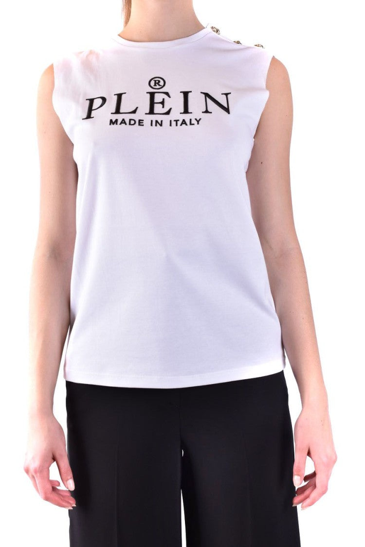 Philipp Plein Sleeveless White Cotton Top Bold Detailing