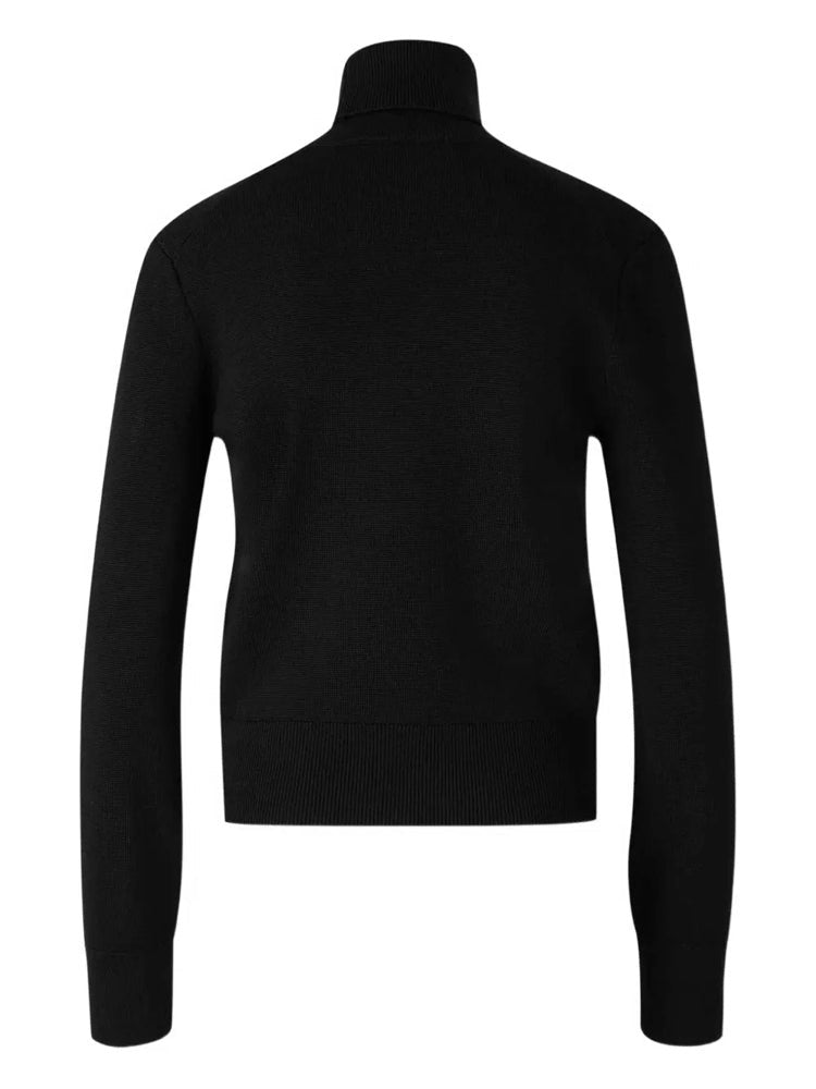 Ami Paris Fitted Black Turtleneck Sweater With Embroidered Heart Detail