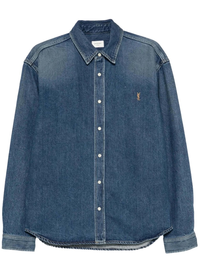 Saint Laurent Medium Blue Colorado Cassandre Pearl Button Denim Shirt