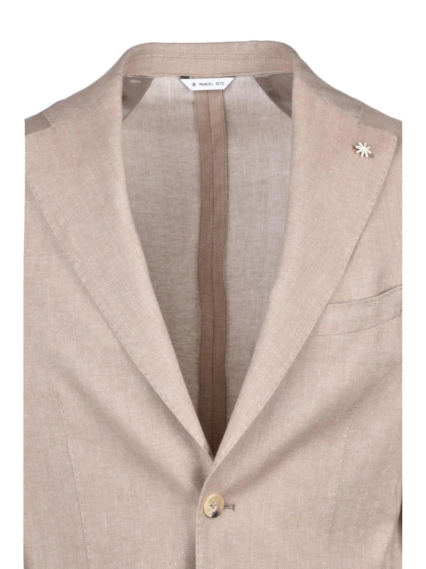 Manuel Ritz Beige Cotton And Linen Rounded Jacket With Unlined Interior
