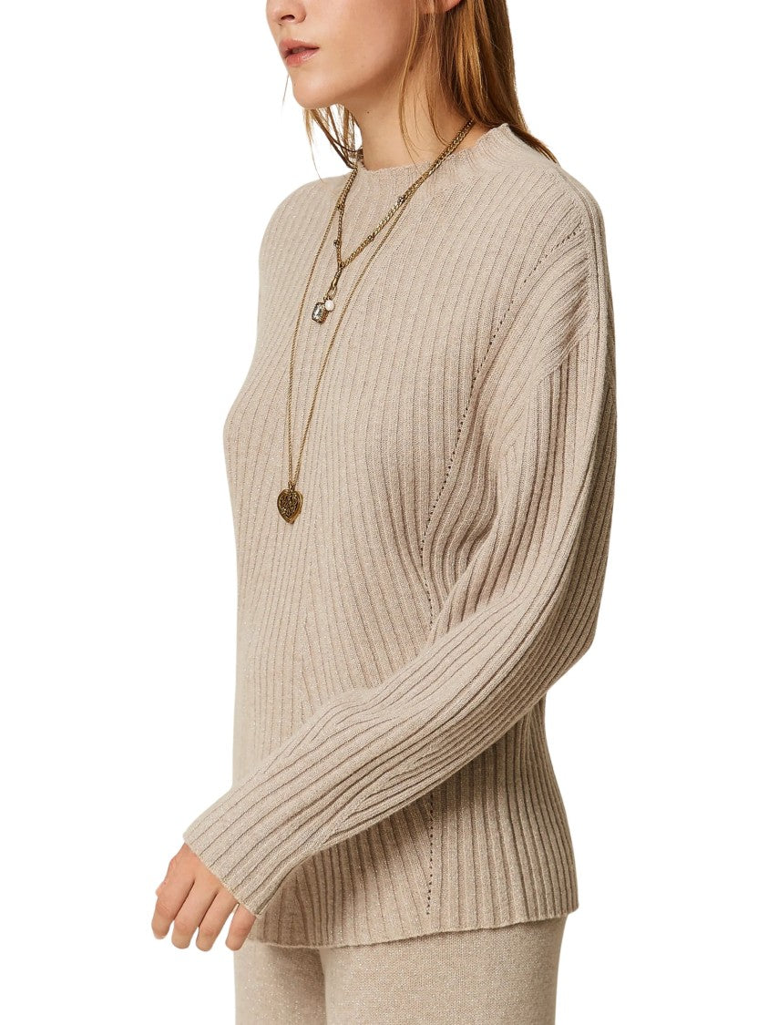 Twin-Set Beige Ribbed Wool-Blend Lurex Mock Neck Sweater