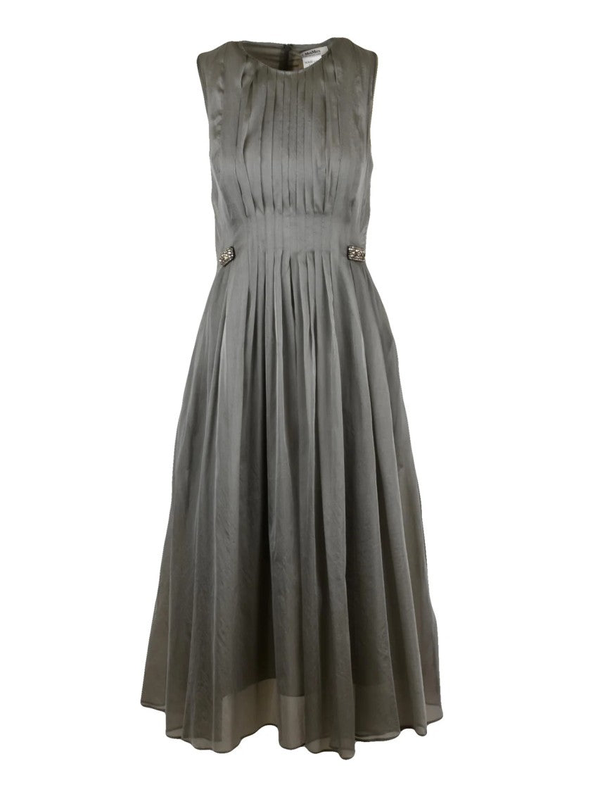 Max Mara Pleated Midi Dress With Flared Skirt And Decorative Embellishments