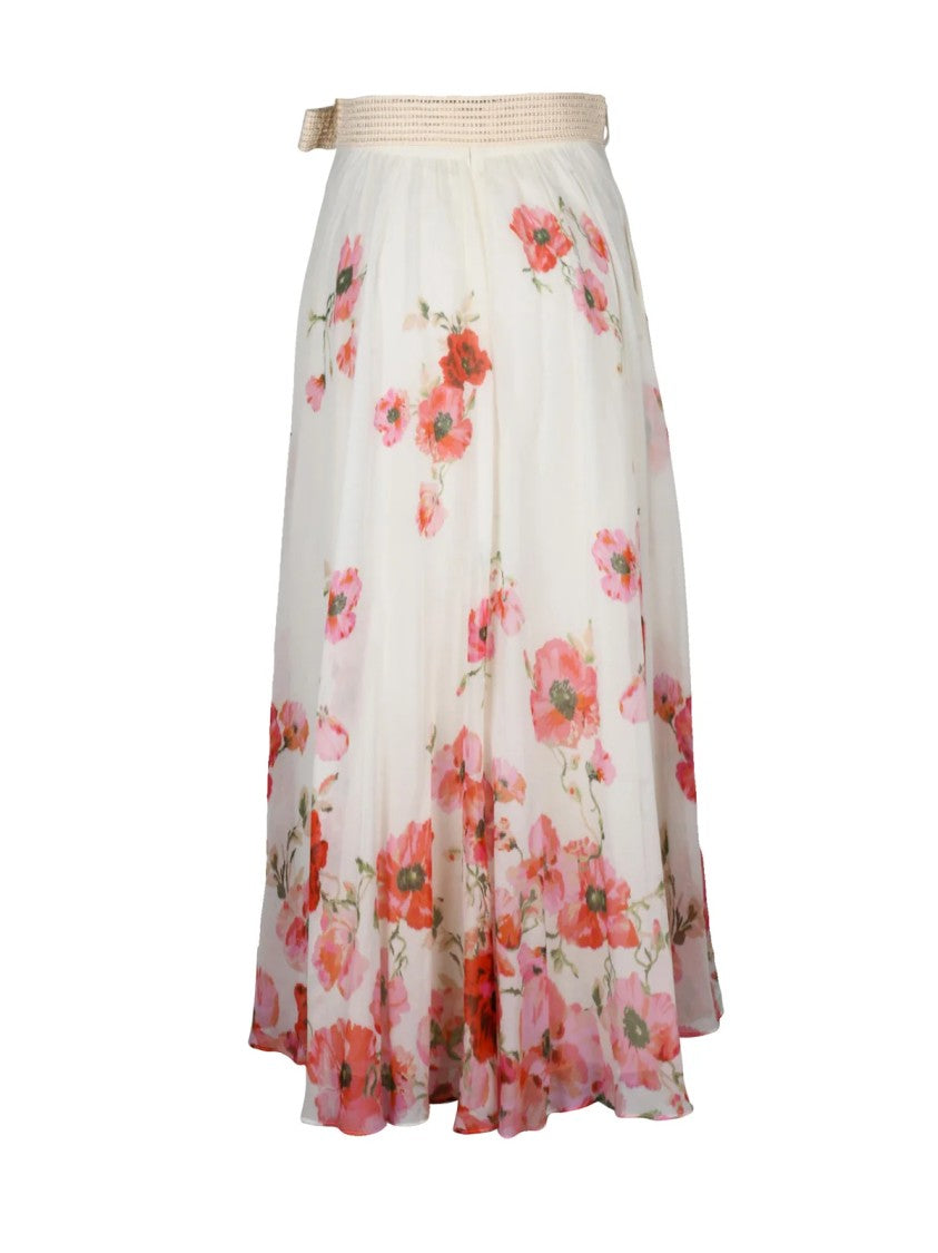 Zimmermann Gauzed Midi Skirt With Raffia Belt And Floral Print