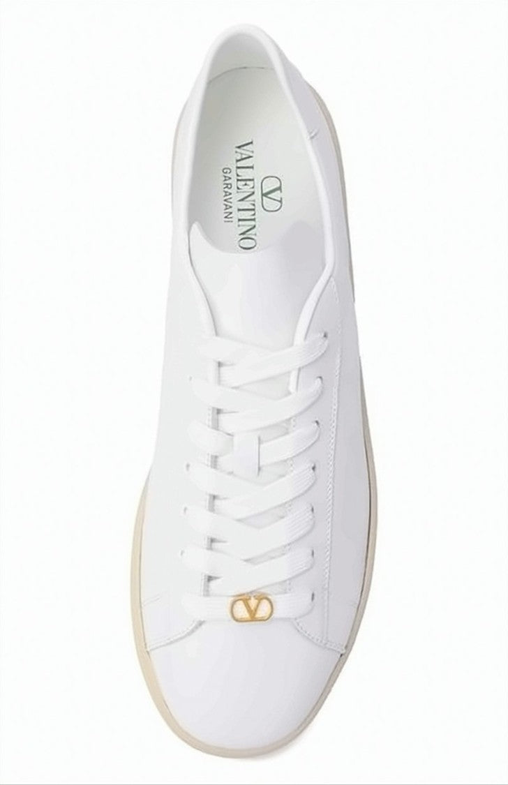 Valentino Garavani Minimal White Calfskin Sneakers With Beige Rubber Sole