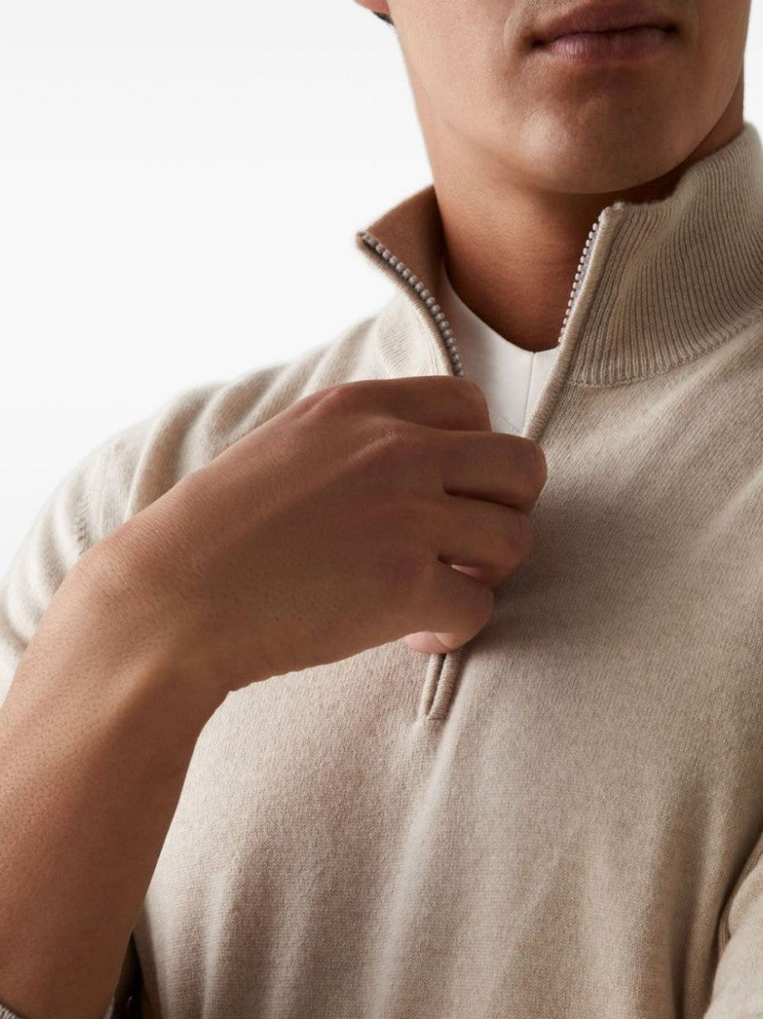 Brunello Cucinelli Half-Zip Neutrals Sweater With Fitted Silhouette