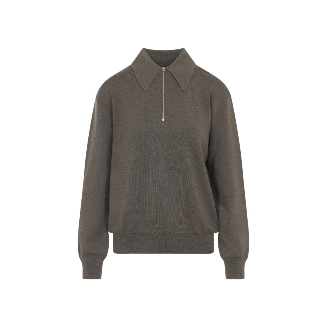 Phoebe Philo Light Brown Wool Zip Polo With Pointed Collar And Ribbed Details