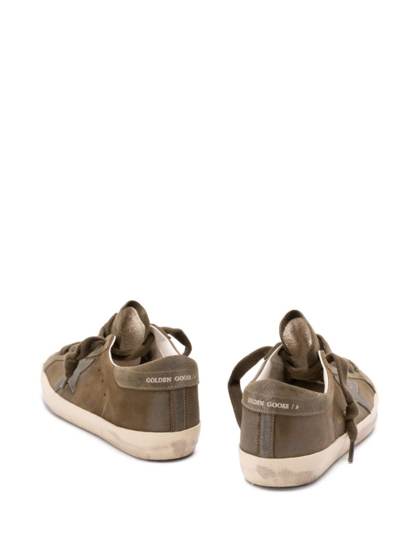 Golden Goose Low-Top Sneakers With Distressed Olive Green Silk