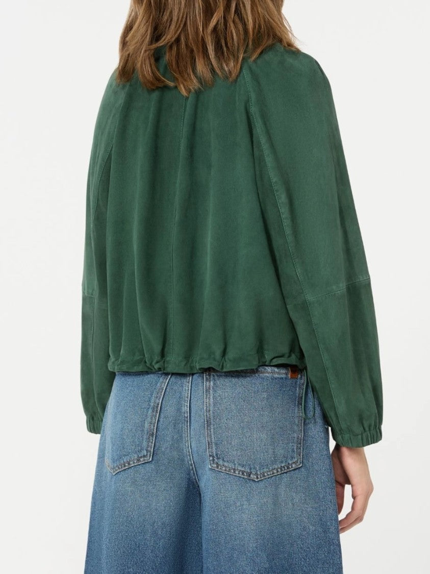Weekend Cropped Deep Green Suede-Like Jacket With Classic Collar And Puff Sleeves