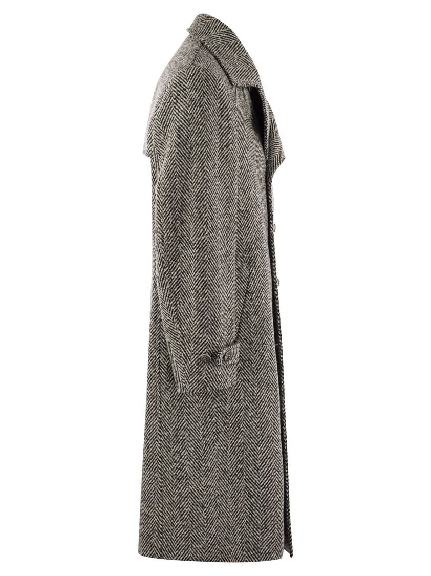 Brunello Cucinelli One-And-A-Half-Breasted Coat In Herringbone Virgin Wool