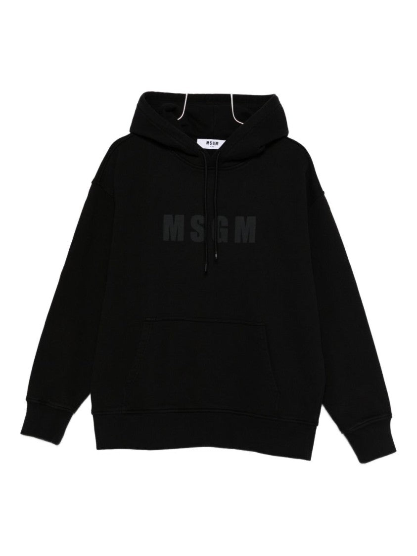 Msgm Classic Fit Black Hoodie With Embossed Logo