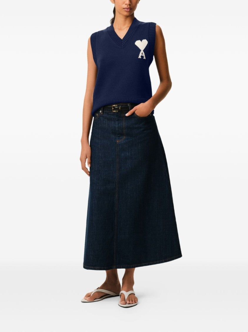 Ami Paris Sleeveless Deep Blue Sweater Vest With V-Neck And Ribbed Hem
