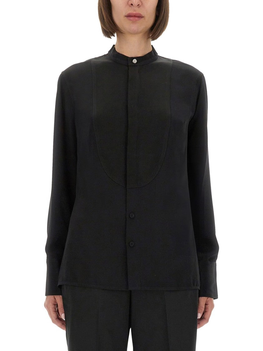 Victoria Beckham High Neck Black Silk Shirt With Pleat Detail