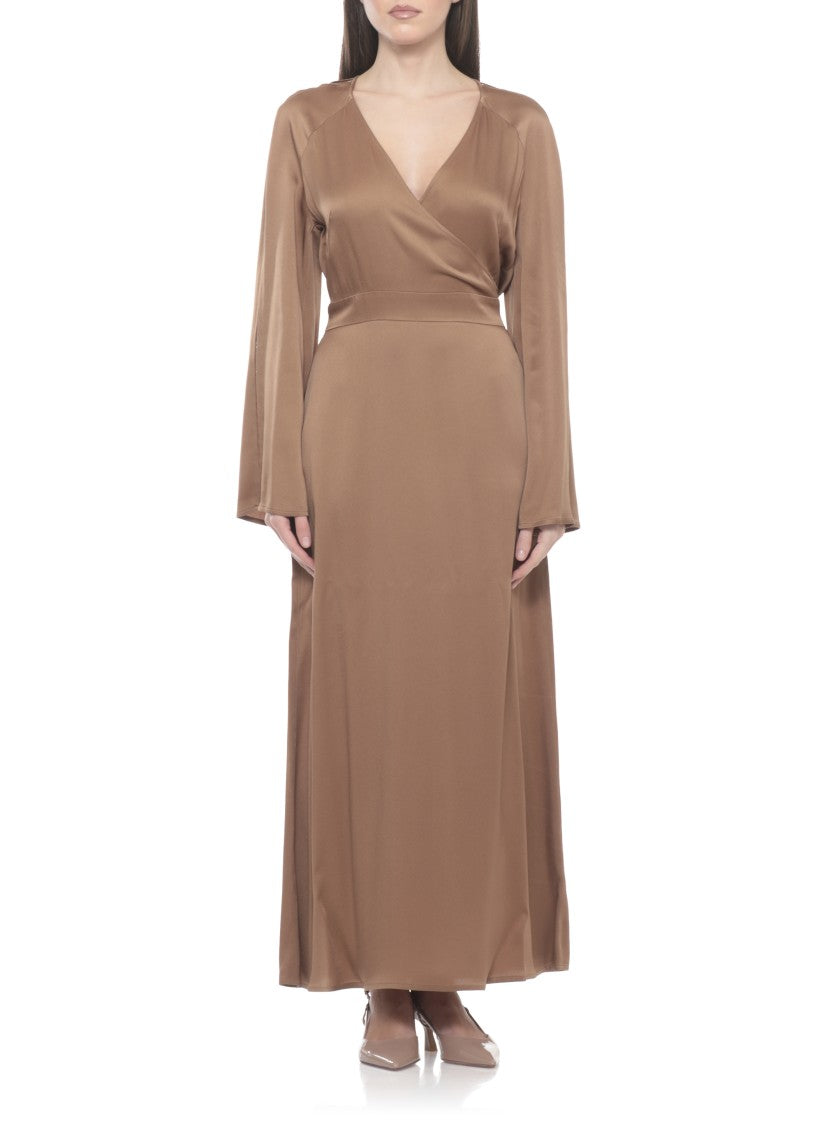 Fabiana Filippi Brown Viscose Midi Dress With V-Neck And Lace Details