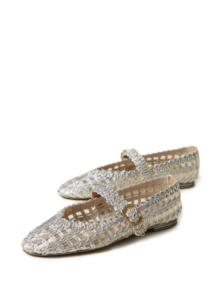 Twin-Set Silver-Tone Woven Design Flat Shoes With Buckle Fastening