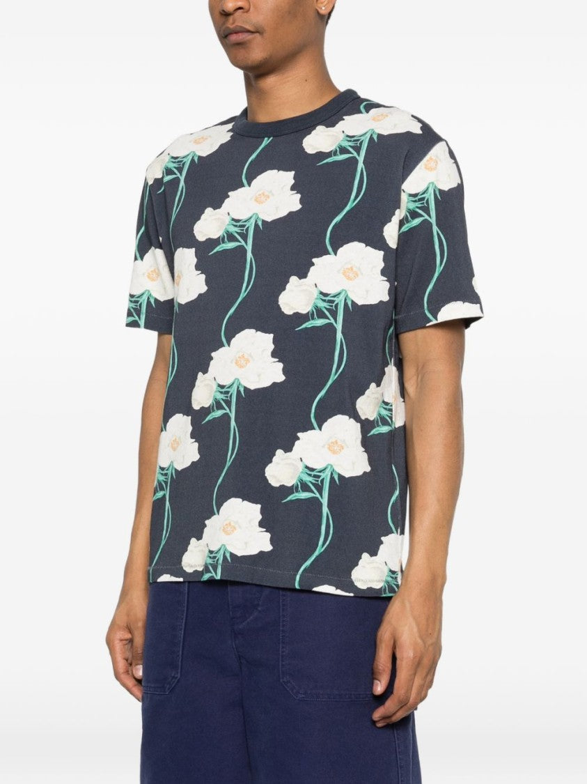 Kenzo Dark Blue Floral Pattern Silk T-Shirt