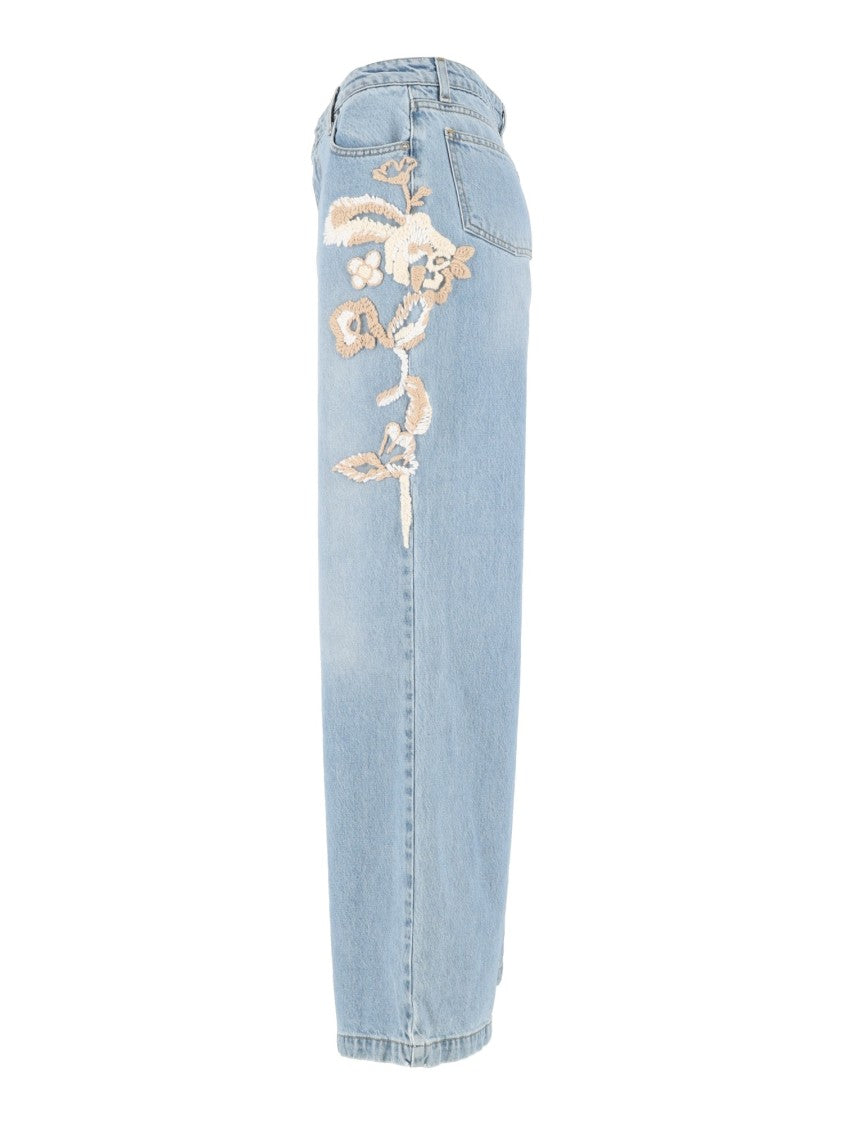 Ermanno Scervino Light Blue Floral-Embroidered Wide-Leg Jeans