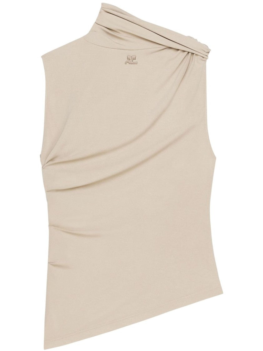 Courrèges Beige Asymmetric Logo Patch Sleeveless Top