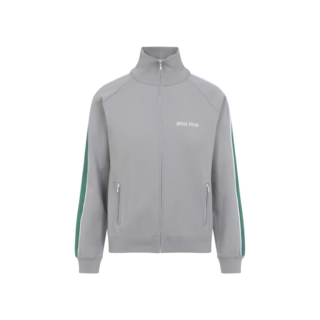 Miu Miu High Collar Light Grey Jacket With Multicolor Stripes