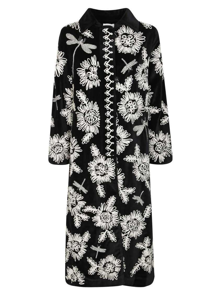 Forte Forte Velvet Coat With Embroidered Floral Motifs And Decorative Trim