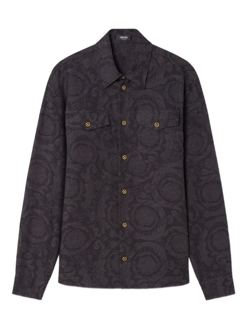 Versace Baroque Jacquard Black Shirt With Gold Accents