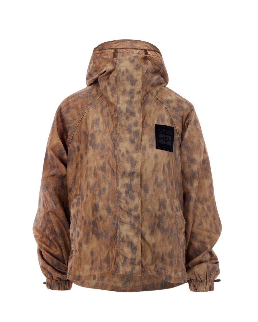 Ganni Mottled Brown Lightweight Jacket With Drawstring Hem And Logo Patch