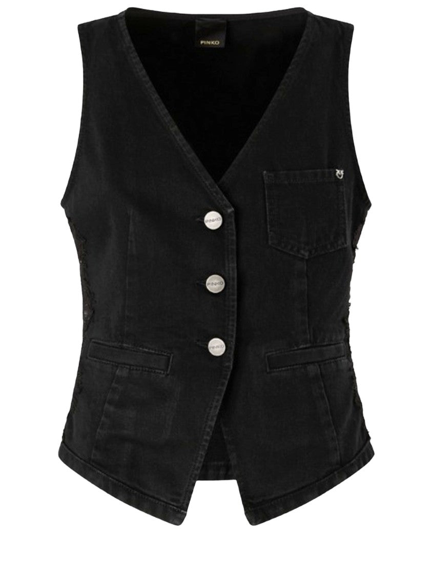 Pinko Black Cotton V-Neck Button Vest
