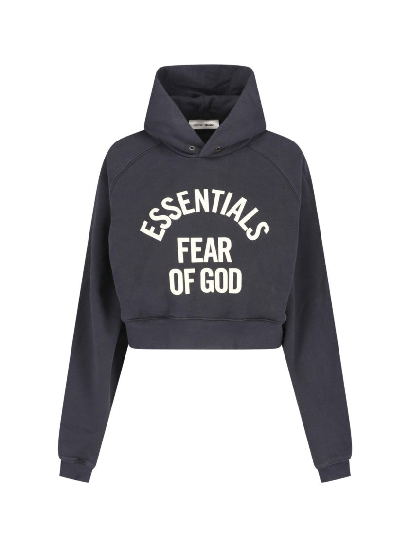 Fear Of God Essentials Black Cropped Arched Logo Hooded Sweatshirt