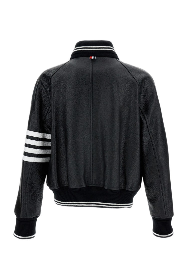 Thom Browne Black Oversized Leather Bomber Jacket