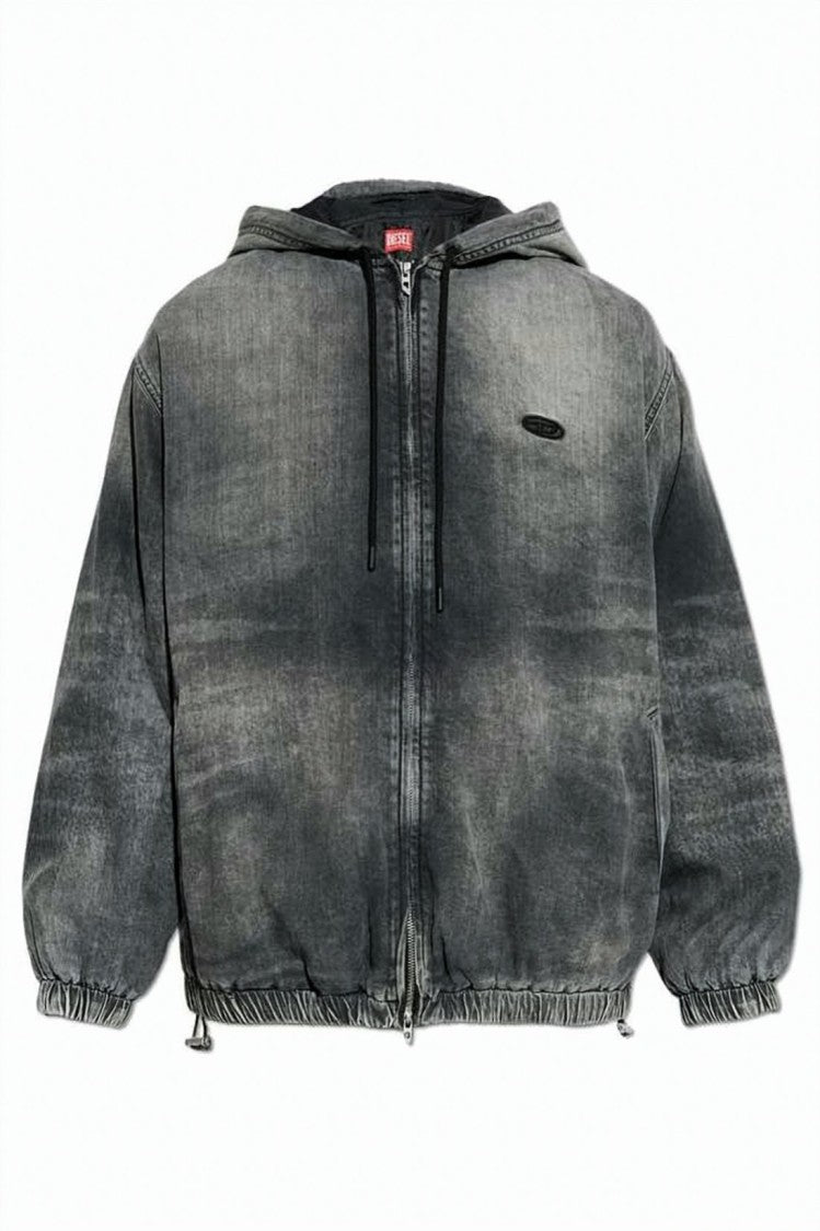 Diesel Washed Denim Jacket With Hood And Adjustable Features
