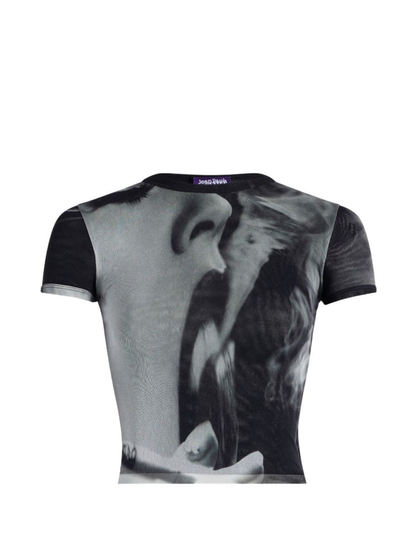 Jean Paul Gaultier Black White Artistic Print Fitted Crop Top