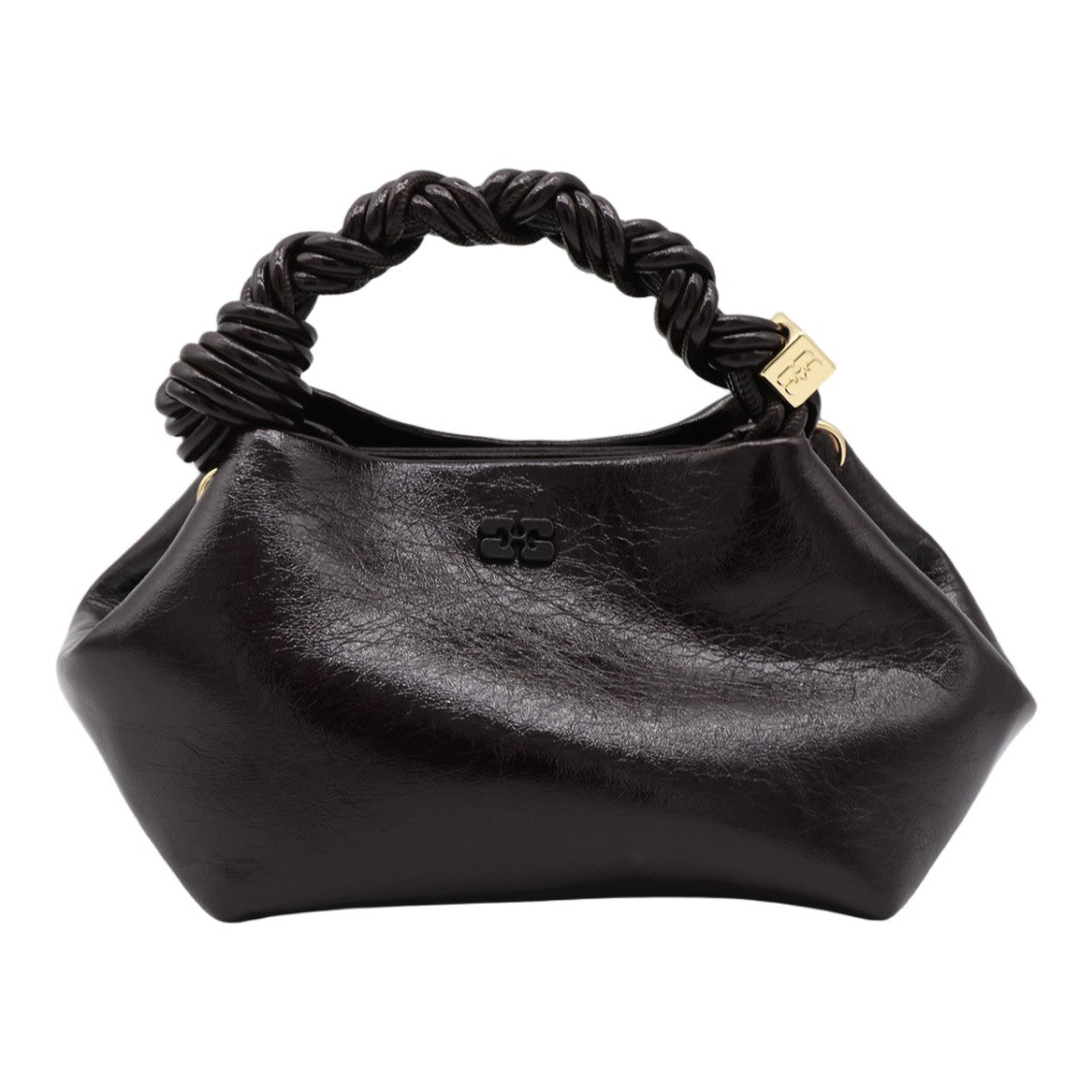 Ganni Black Glossy Twisted Handle Gold Accent Handbag