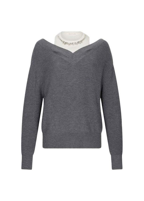 Liu Jo Grey Knit Sweater With Jewel-Embroidered Inserts