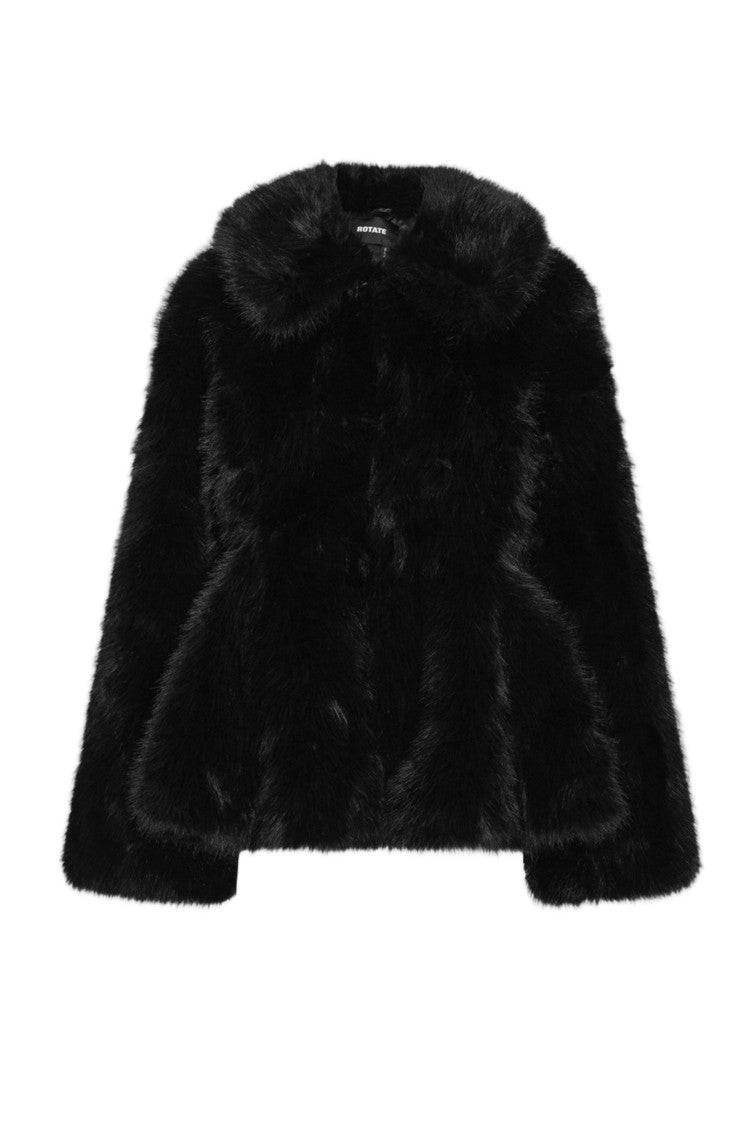 Rotate Black Voluminous Faux Fur Flared Jacket