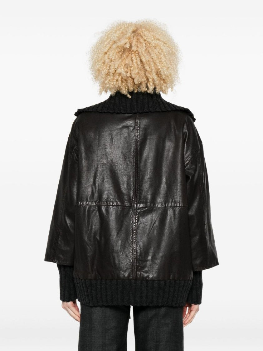 The Jack And Jackie Leathers Boxy Brown Leather Jacket With Knit Accents