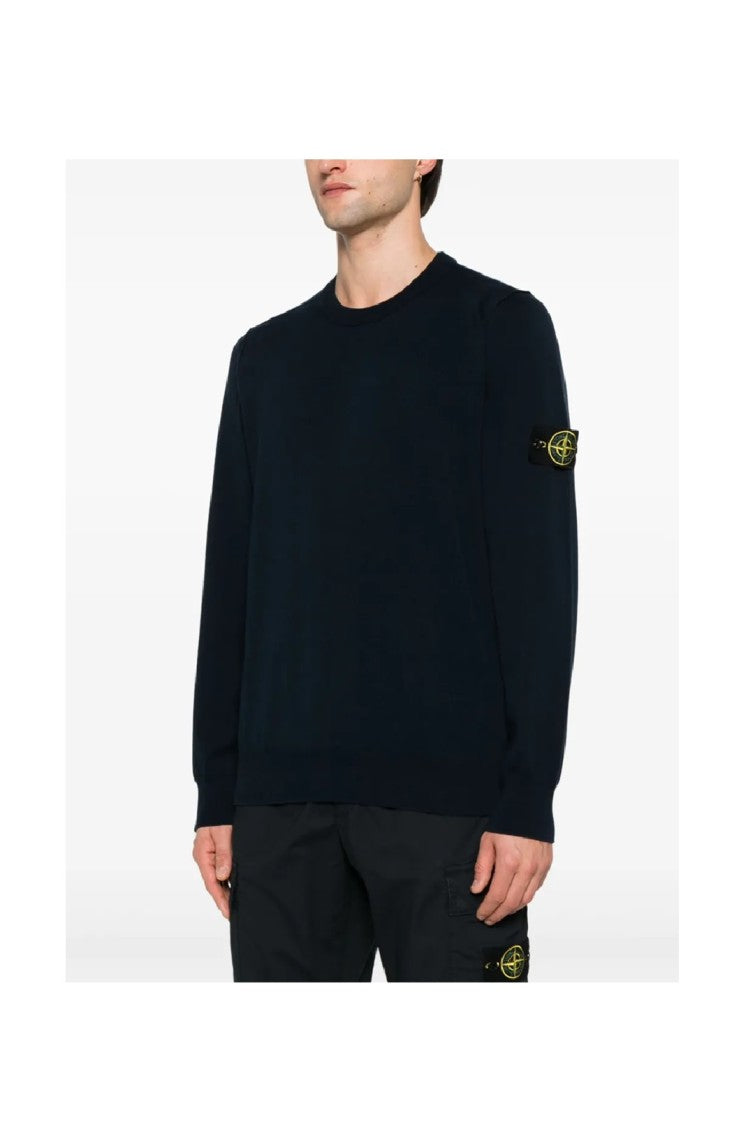 Stone Island Crew Neck Black Sweater With Ribbed Cuffs