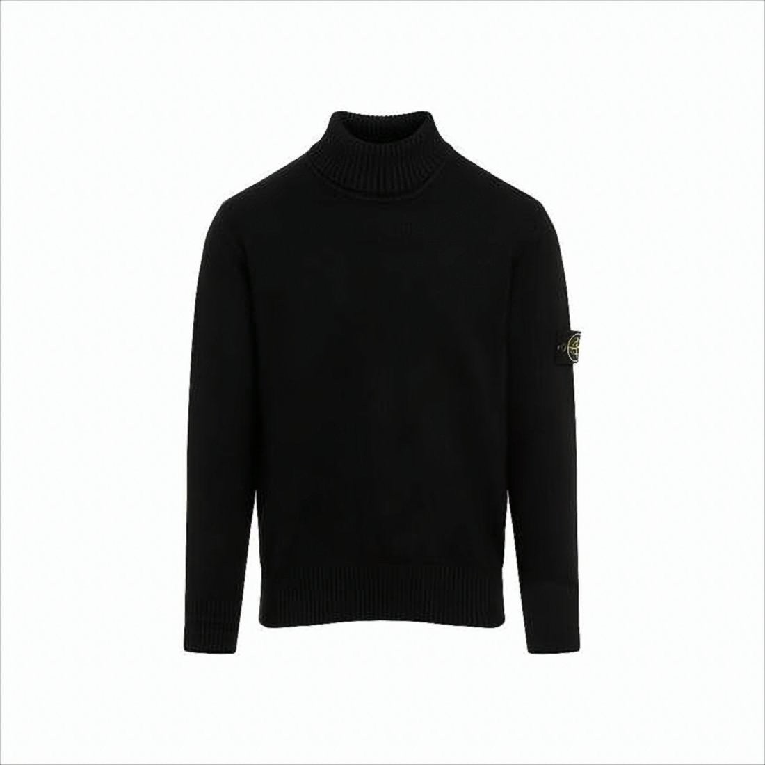 Stone Island Black Turtleneck With Ribbed Collar And Logo Patch