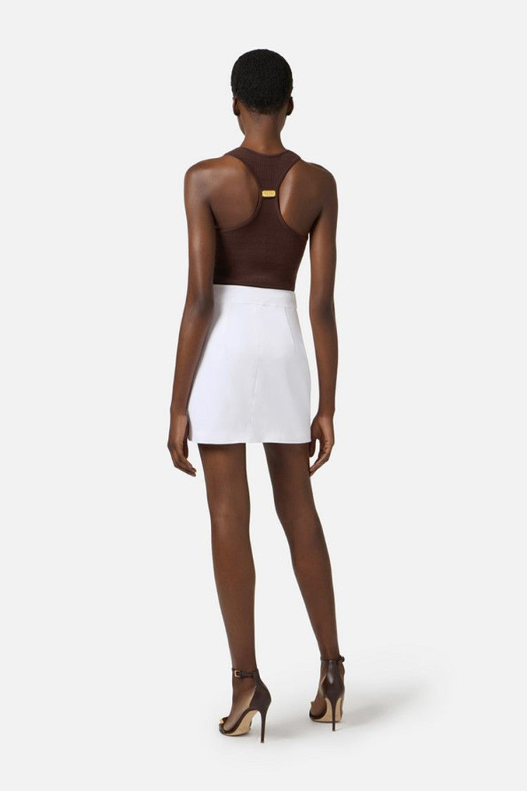 Elisabetta Franchi Brown Braided Ribbed Gold-Button Placket Lyocell-Blend Tank Top