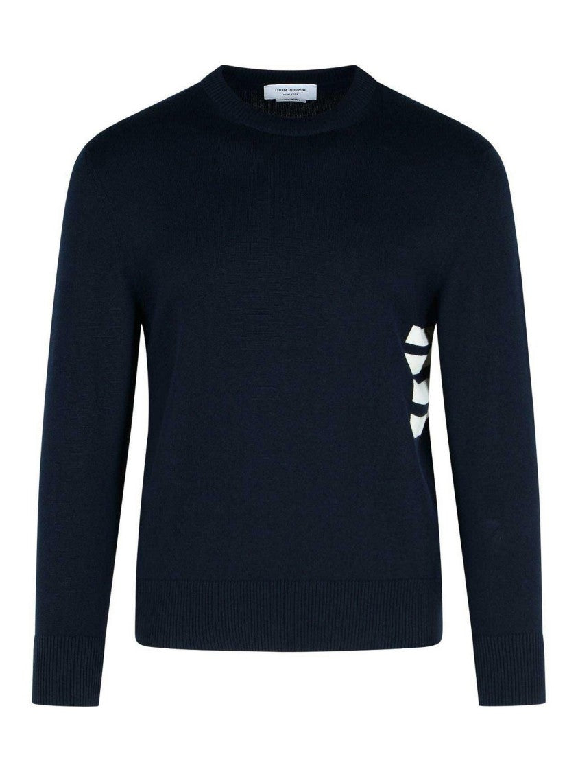 Thom Browne Crew Neck Navy Sweater With Subtle Striped Detail