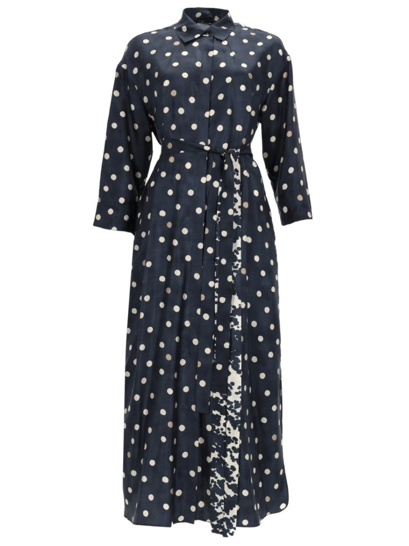 Max Mara Lever Polka Dot Shirt Collar Silk Midi Dress