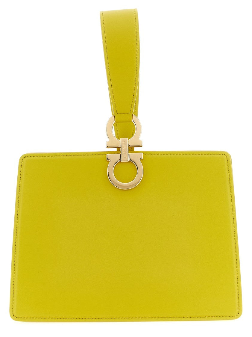 Ferragamo Mini Leather Clutch With Gancini Detail And Bracelet Strap