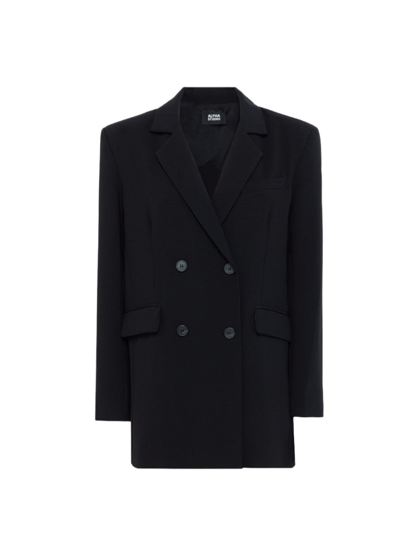 Alpha Studio Double-Breasted Open-Back Padded Shoulders Blazer