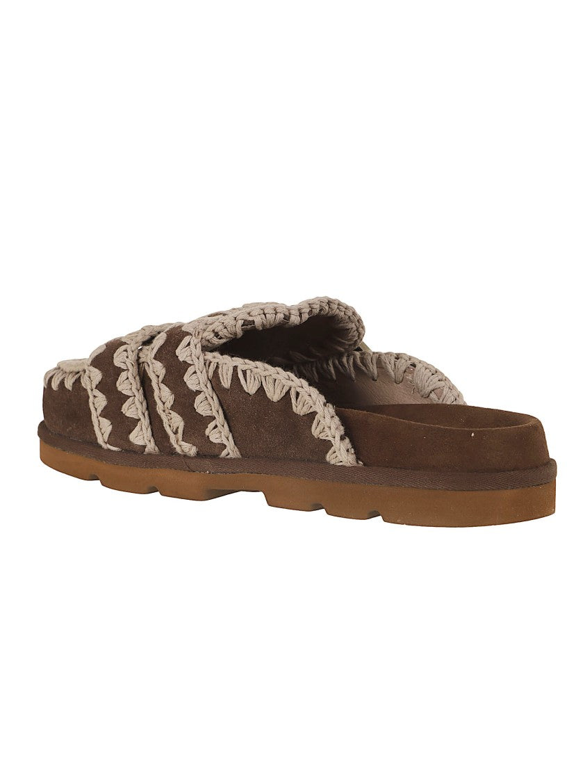 Mou Brown Low-Cut Suede Clogs With Double Buckle Closure