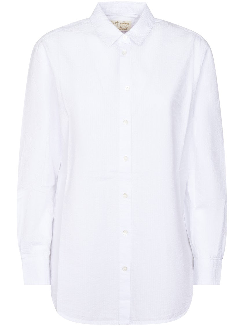 Mc2 Saint Barth White Seersucker Shirt With Embroidered Detail