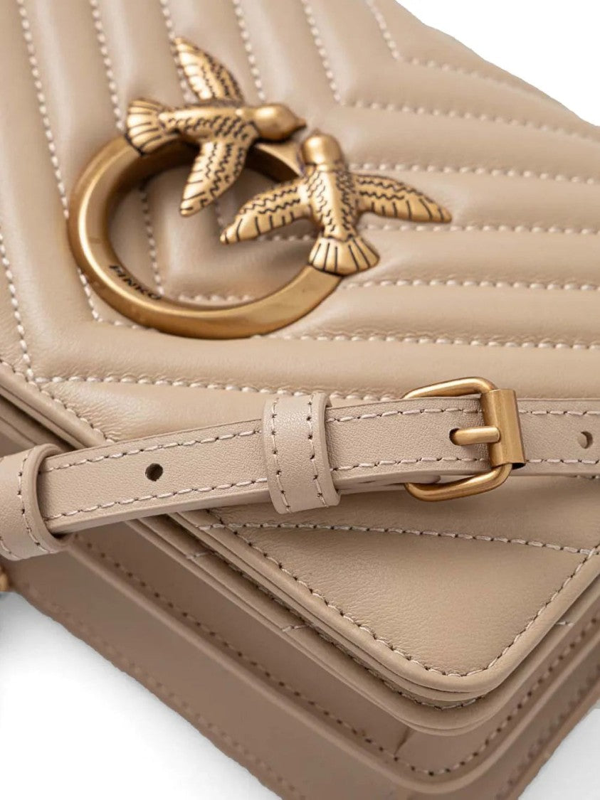 Pinko Quilted Beige Mini Shoulder Bag With Bird Motif Hardware