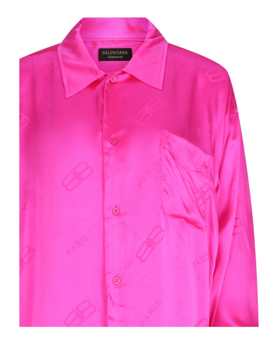Balenciaga Monogram Pattern Silk Shirt With Curved Hem