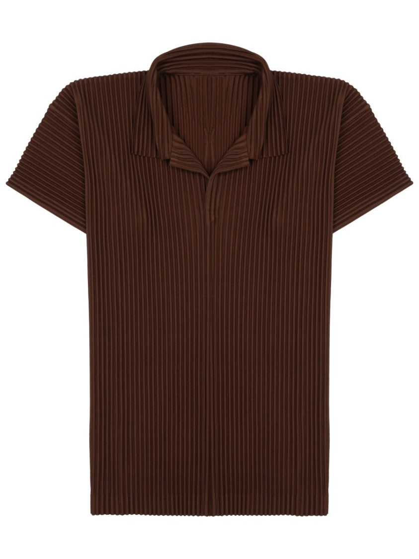 Homme Plissé Issey Miyake Short-Sleeved Pleated Brown Polo Shirt With Classic Collar