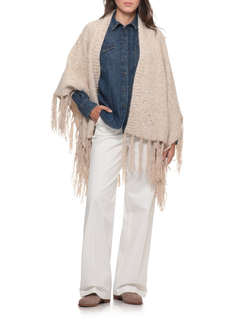 Peserico Beige Knitted Cape With Lurex Motif And Fringed Hem