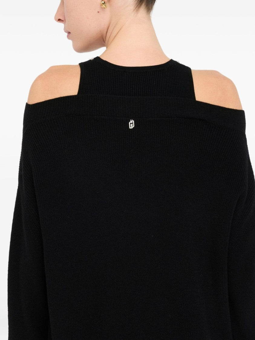 Liu Jo Off-Shoulder Black Knit Sweater With Elegant Embellishments