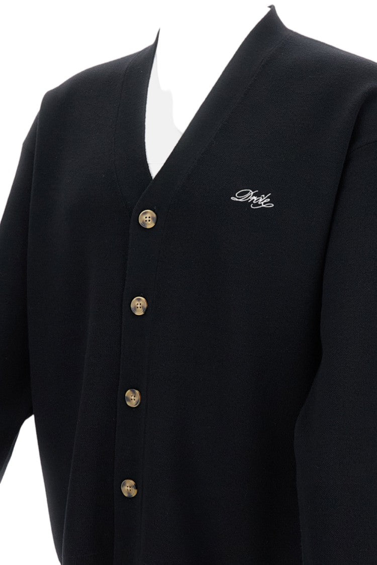 Drôle De Monsieur Black V-Neck Wool Logo Cardigan