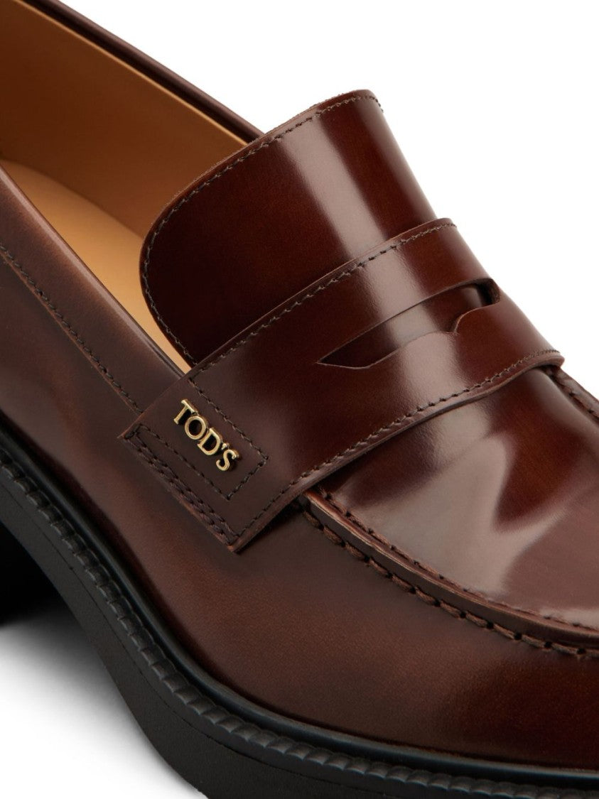Tod's Black Calfskin Leather Block Heel Loafers